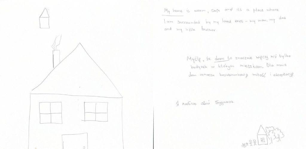 A side-by-side composite of a drawing of a house with a smoking chimney and a written response from a person describing their home in two languages.