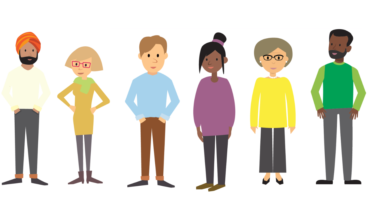 A group of illustrated people of various ages and skin tones