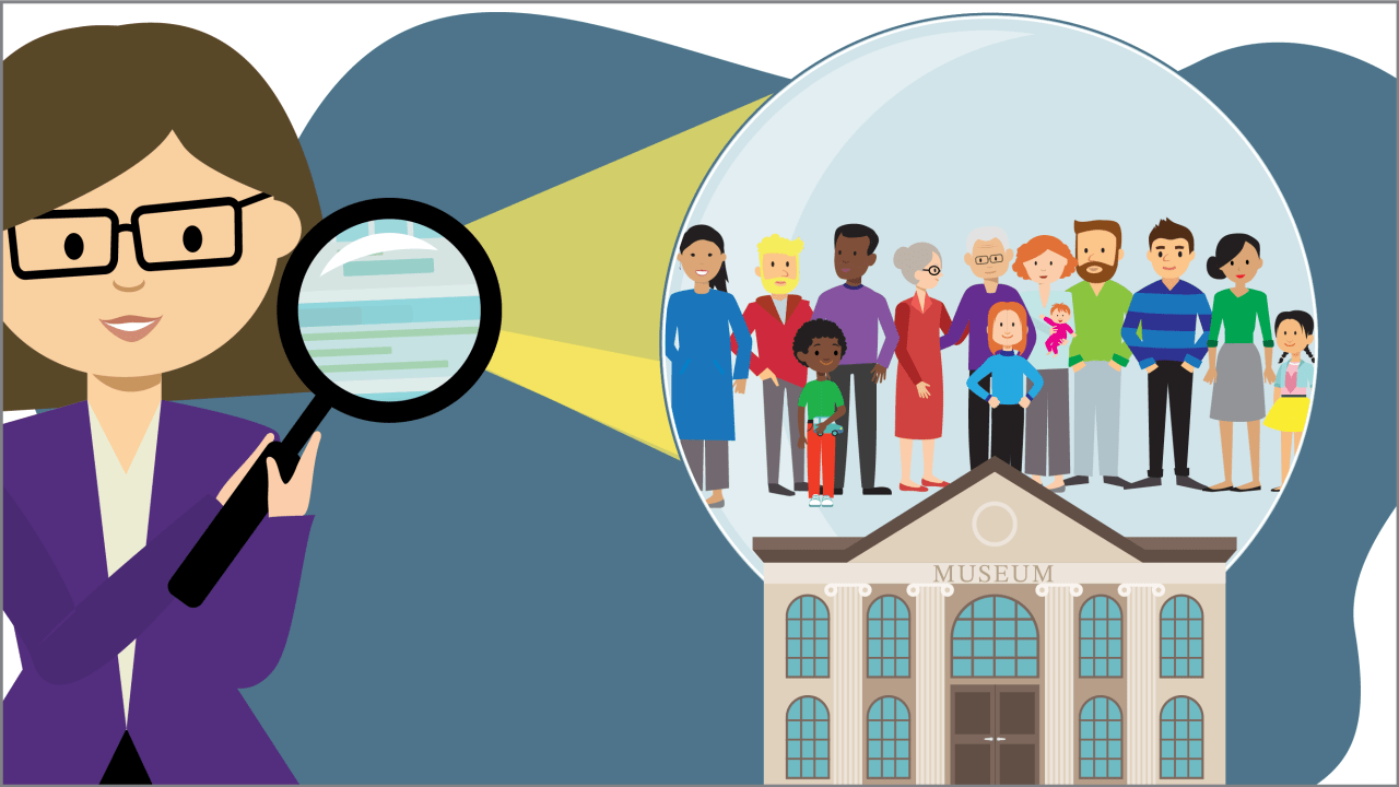 An illustration of a person holding a magnifying glass reflecting a group of people above a museum building