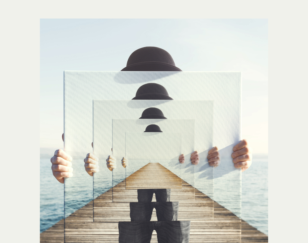 A movie poster with the title "In Perpetuity" and an image of a person holding up a mirror, creating an infinite mirror image