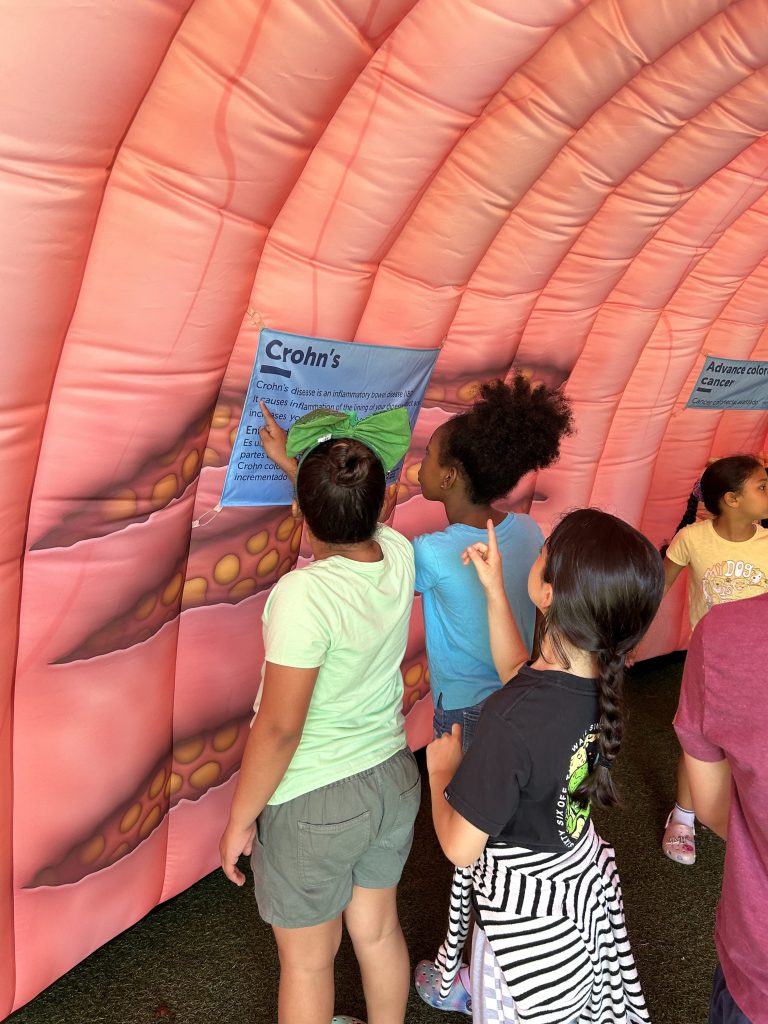 Children inside of a pink inflatable structure reading a label defining Crohn's disease with an illustration