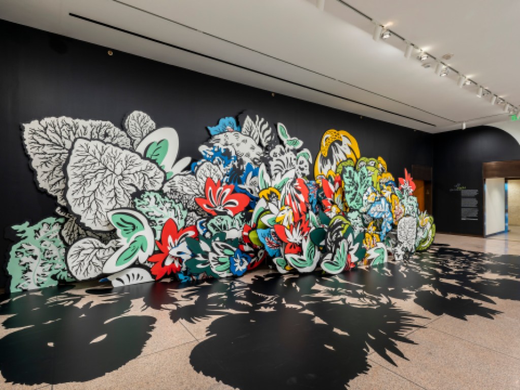 Natasha Bowdoin (b. 1981), In the Night Garden, paint on board with cut paper and vinyl, 2020, courtesy of the Amon Carter Museum of American Art, Fort Worth, Texas.