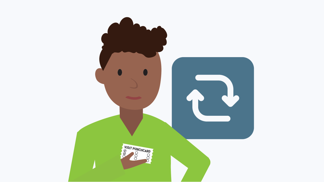 An illustration of a person holding up a punchcard next to a repeat symbol