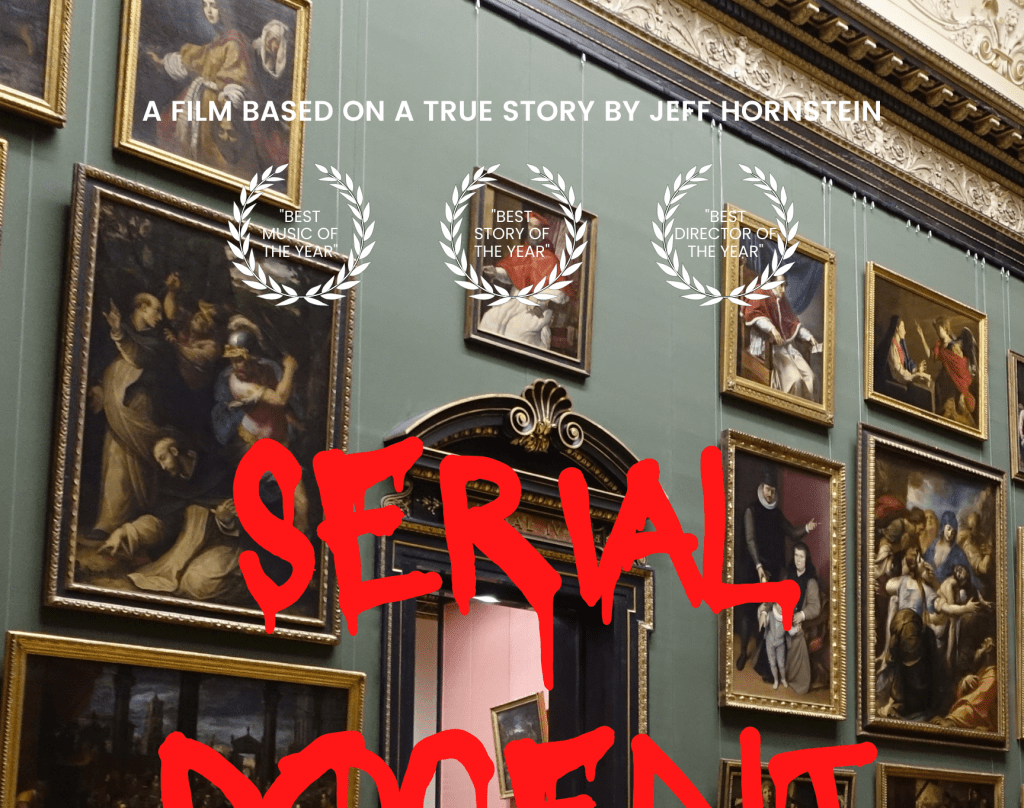 A movie poster showing an art museum gallery with the text "Serial Docent" in a dripping red font