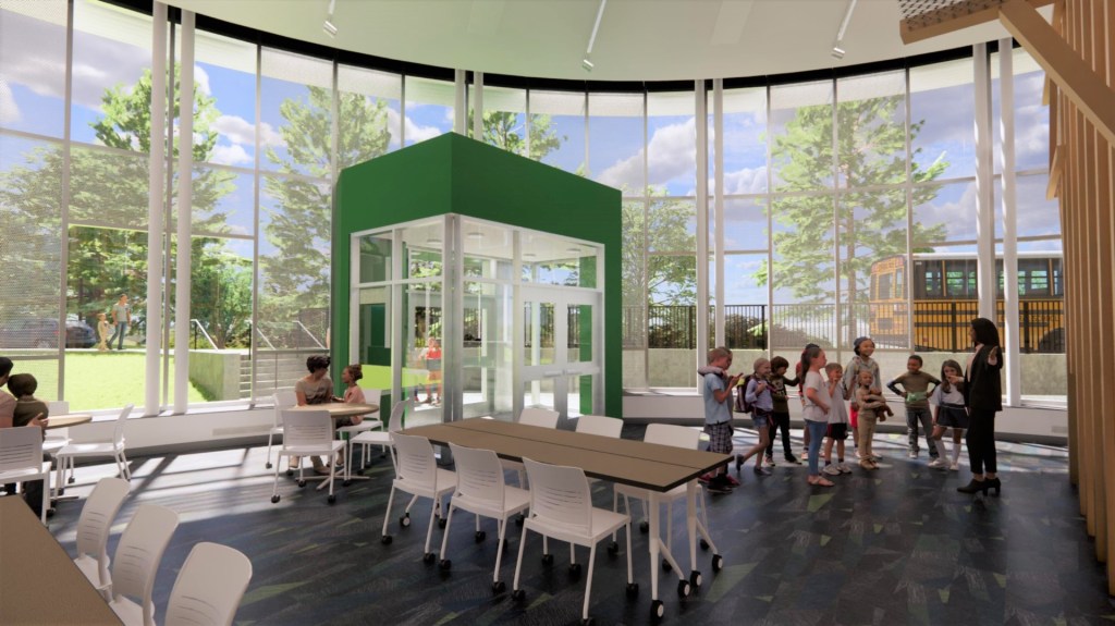 An architectural rendering of a room with tables and chairs surrounded by a glass rotunda