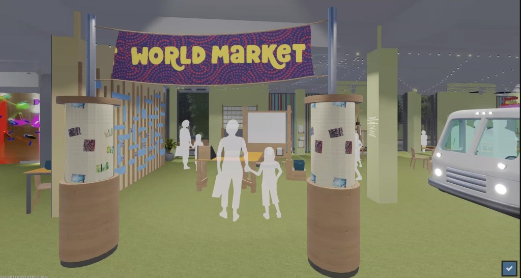 Design rendering of an exhibition with a sign reading "World Market"