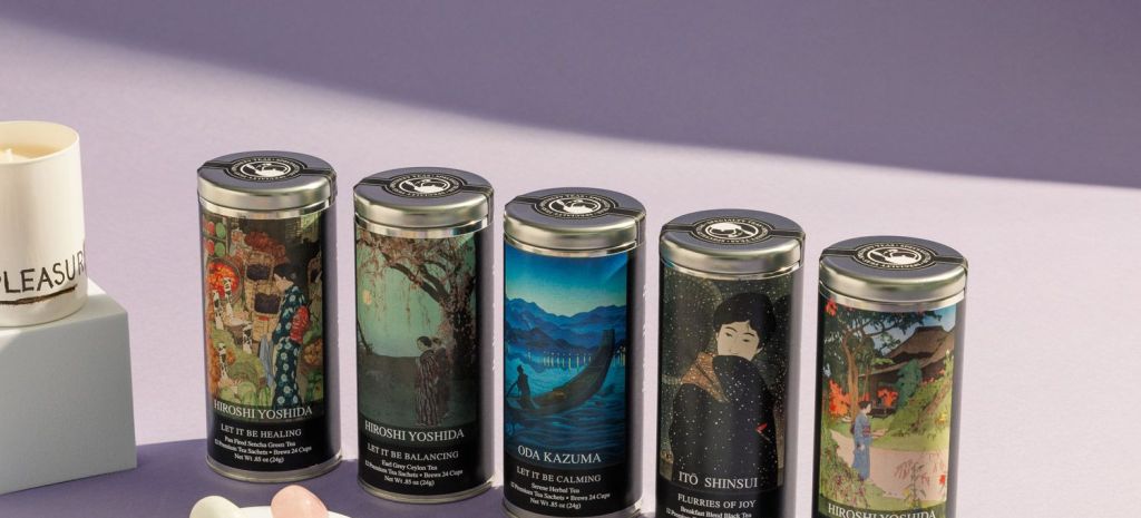 A range of tea canisters with images of Japanese prints on the labels with the names of their artists and information on the tea blends