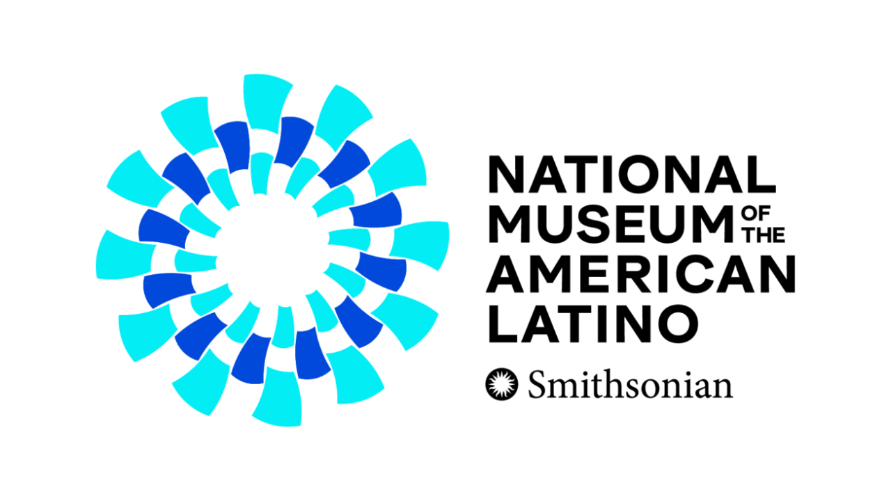A logo consisting of a medium blue circle with lighter blue dashes intersecting through it, next to the text "National Museum of the American Latino" and the Smithsonian logo.