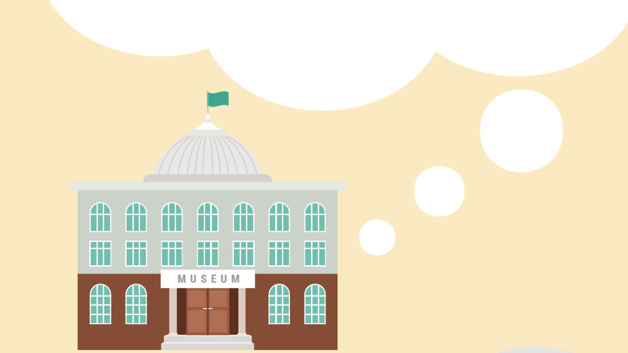 An illustration of a museum building with a thought bubble projecting out of it