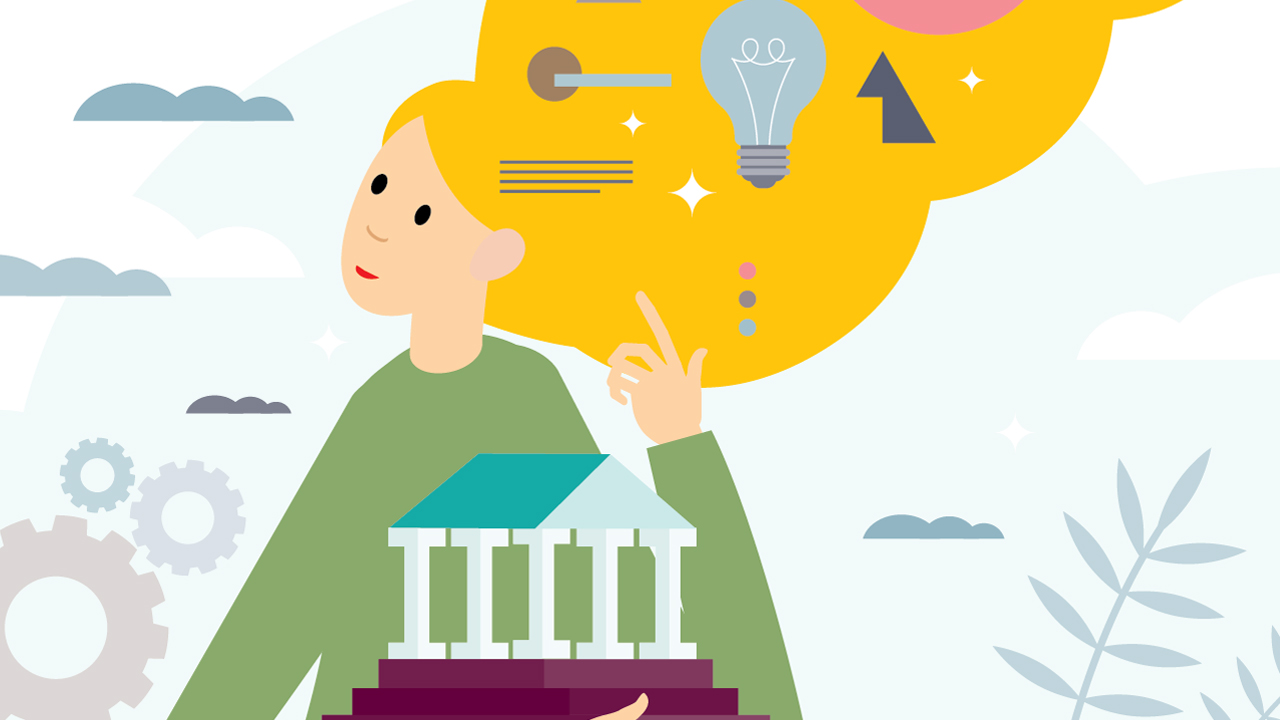 A graphic of a person holding a model of a museum building as their hair expands into a thought bubble filled with symbols of thought and imagination
