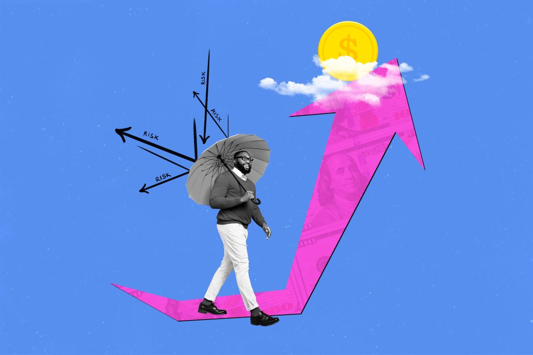 Collage of a man holding an umbrella and walking on a pink arrow pointing upward toward a coin in the clouds