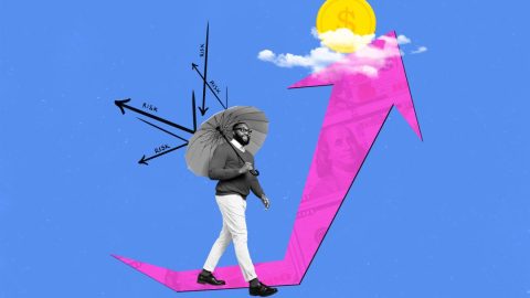 Collage of a man holding an umbrella and walking on a pink arrow pointing upward toward a coin in the clouds