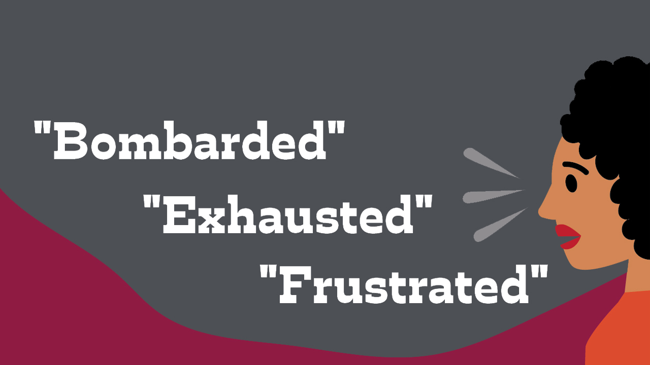A graphic of a person with speech bubbled pointing to quotes reading "Bombarded," "Exhausted," "Frustrated"