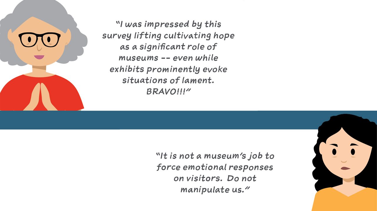 A split between two illustrations of people next to quotes celebrating or denigrating the concept of hope in museums