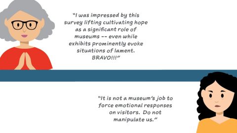 A split between two illustrations of people next to quotes celebrating or denigrating the concept of hope in museums