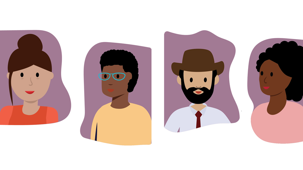 An array of illustrations of people with different gender presentations and skin tones