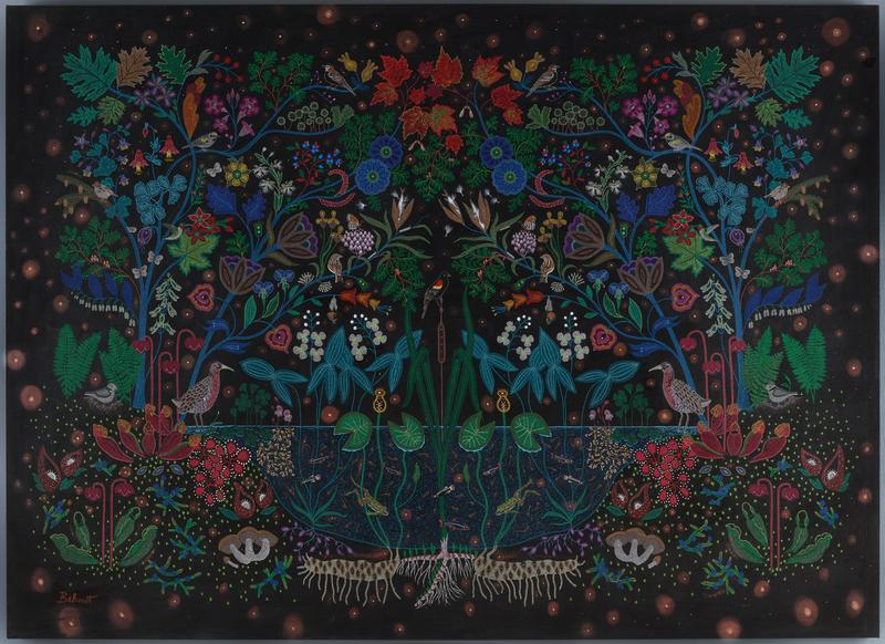 An acrylic painting showcasing flowers and birds in a nature setting with plants, a lake, and more.