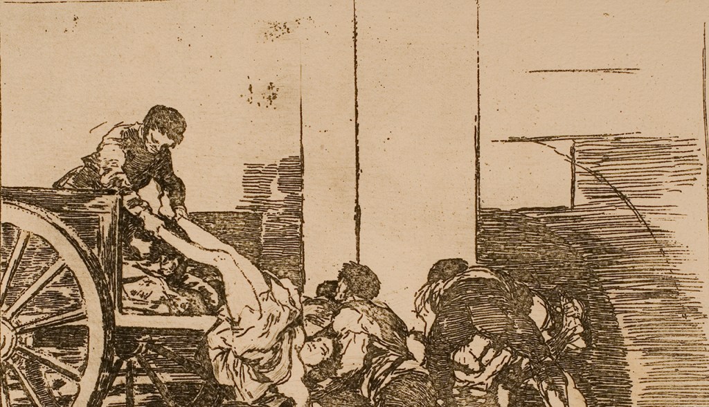 An etching of people transporting an inert body via a cart