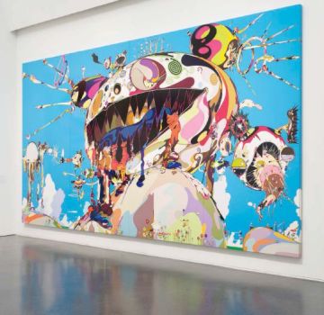 A fantastical landscape features a giant, multi-colored homunculus sitting on top of a hill, its open mouth revealing jagged teeth and seeping fluids, while pustules explode from other parts of its ovoid head.