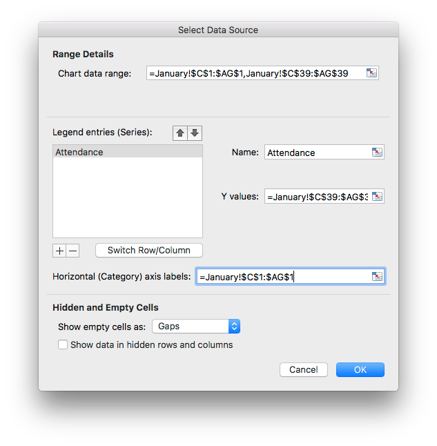 Dialog box for editing chart data in excel