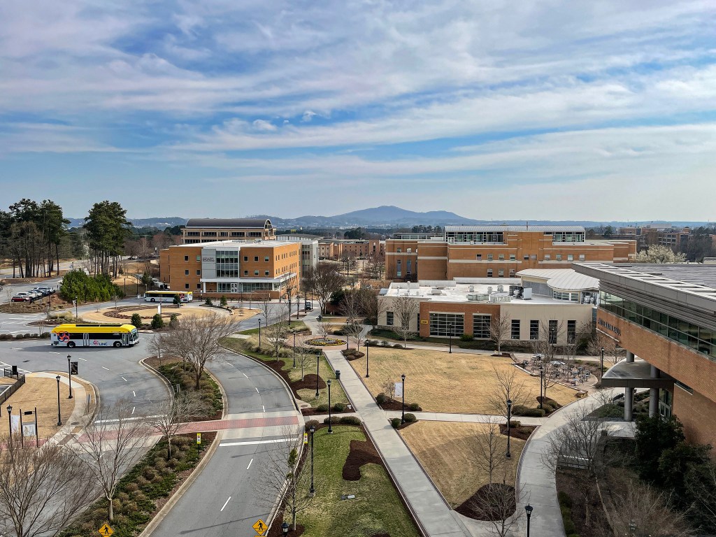 An aerial photograph of a college campus