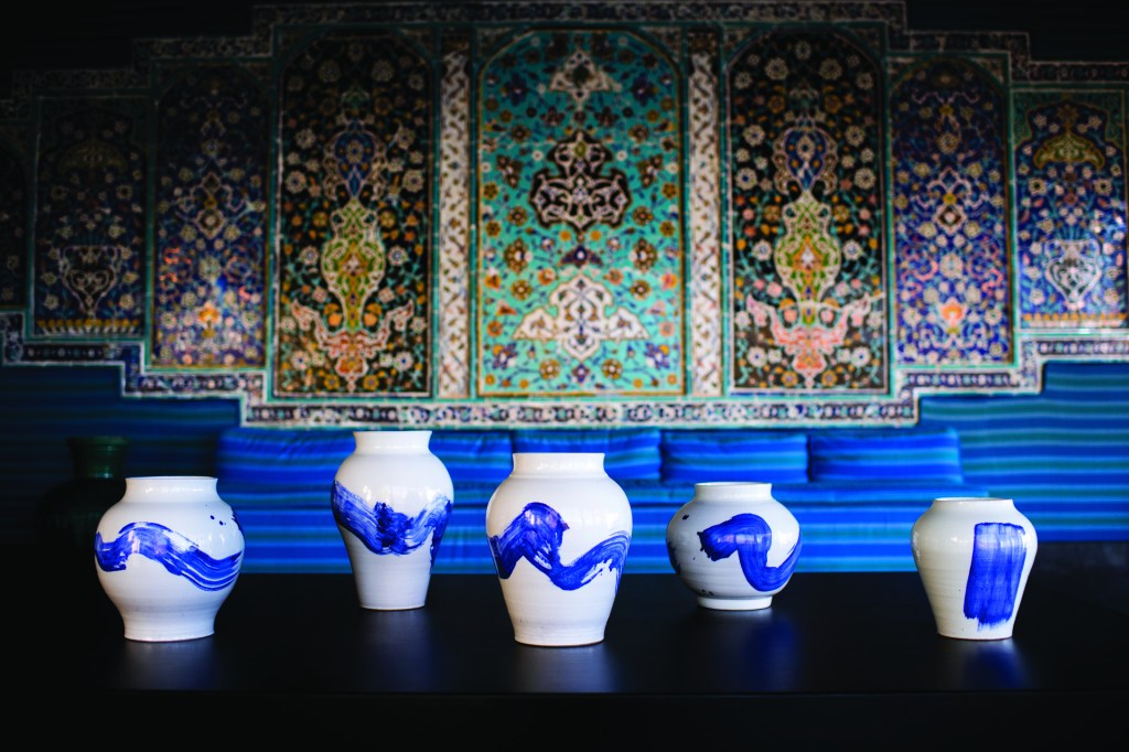 Janet Kelly’s Ocean Arabesque, ceramic vases with cobalt oxide from “8x8: Continuum” in 2023.Photograph by Elyse Butler, 2021