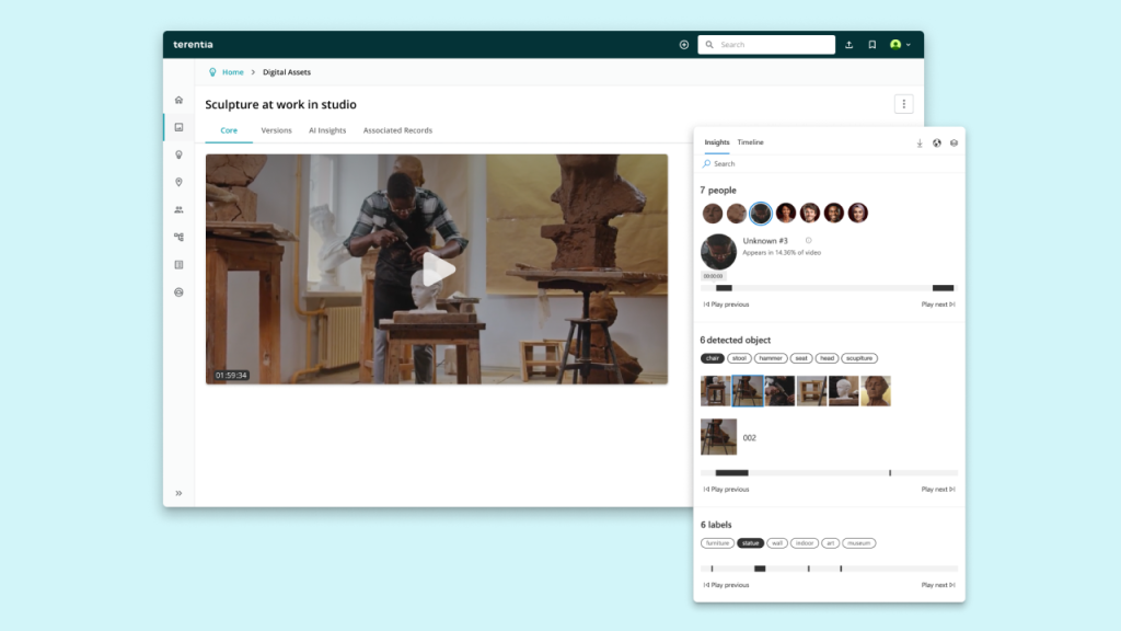 A screenshot of a digital asset management system with a video titled "sculpture at work in studio" and an "insights" panel identifying faces, objects, and descriptive labels identified in the video