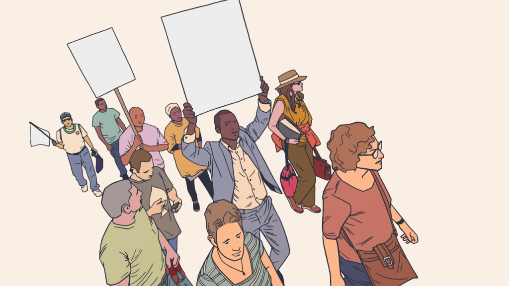 An illustration of people marching with blank protest signs