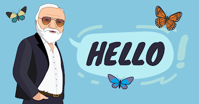 Blue graphic image with Andybot and butterflies with a speech bubble that says "Hello".