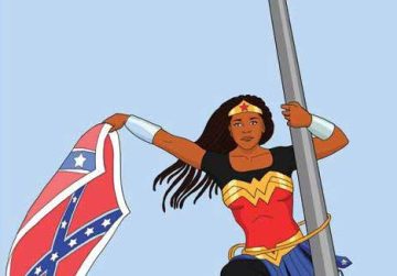 Cartoon image of a dark skinned Wonder Woman scaling a flag pole with the Confederate Battle Flag in her hand