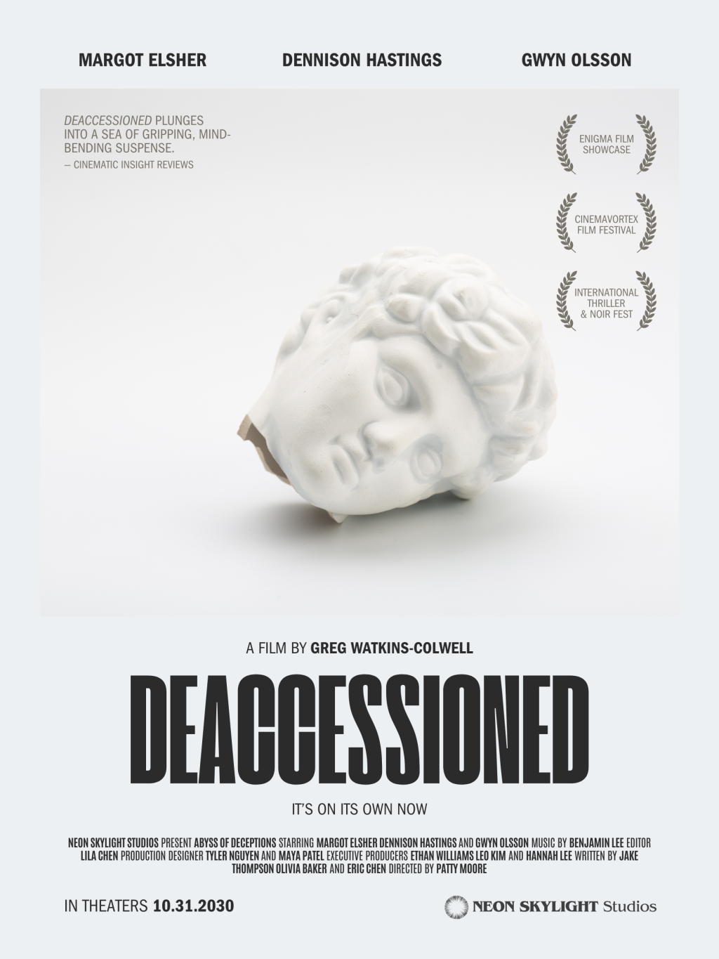 A poster for a movie called Deaccessioned directed by Greg Watkins-Colwell, with an image of a severed statue head