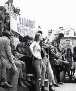 A black and white photo of protesters