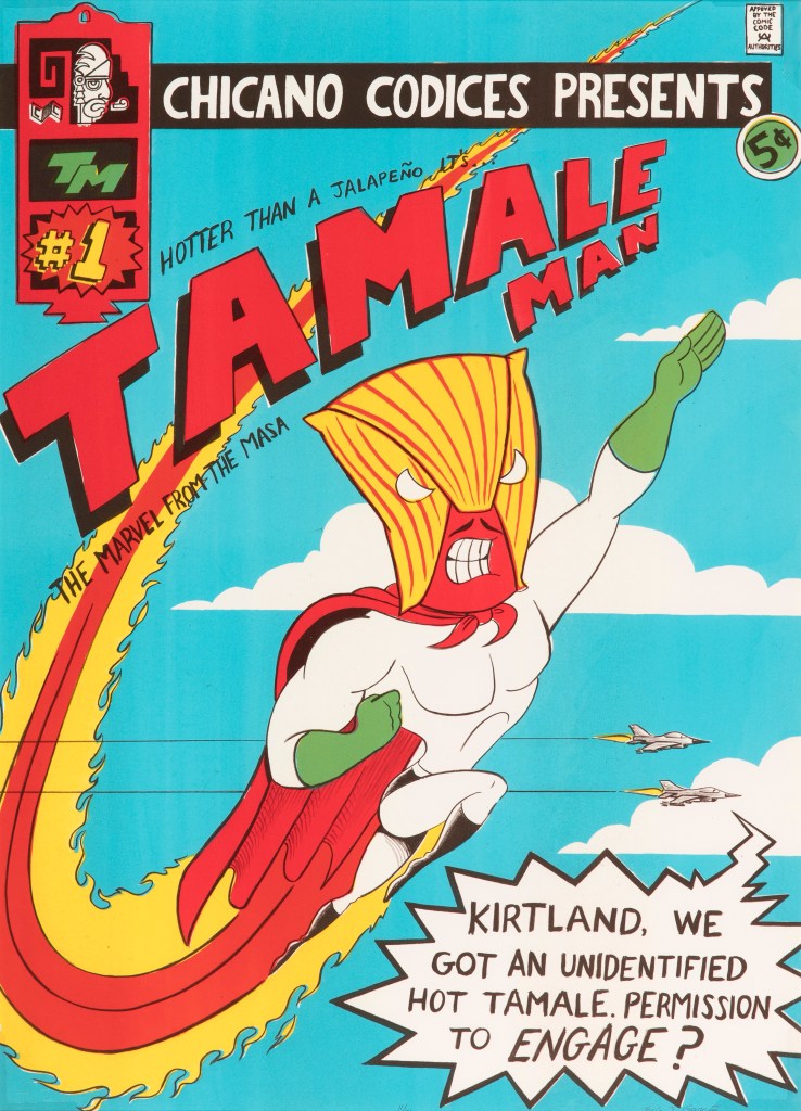 A painting resembling the cover of a comic book with a brown-skinned superhero named Tamale Man who wears a mask resembling a tamale wrapper.