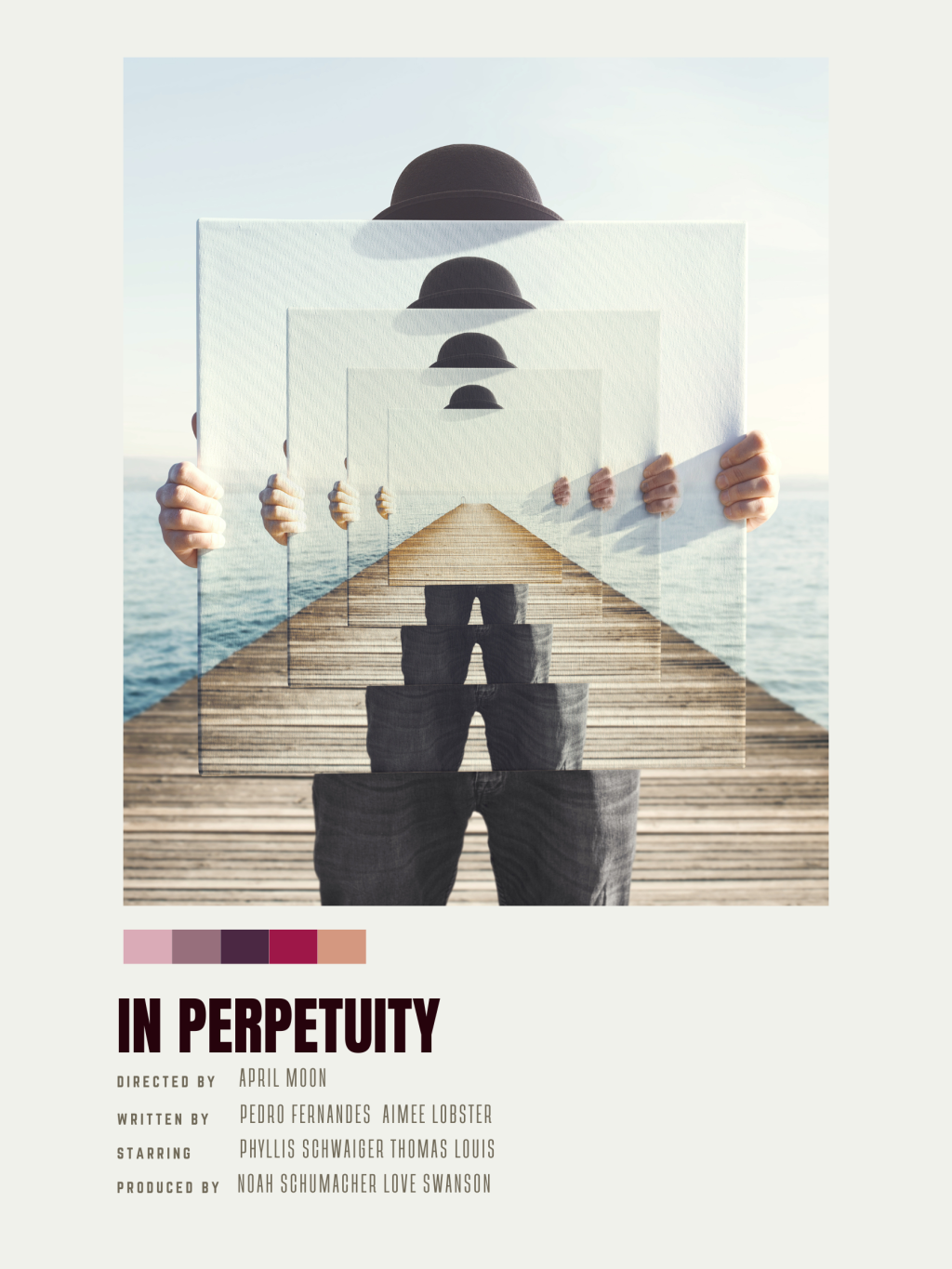 A movie poster with the title "In Perpetuity" and an image of a person holding up a mirror, creating an infinite mirror image