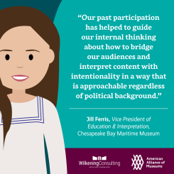 drawing of a woman accompanied by the quote our past participation has helped to guide our internal thinking about how to bridge our audiences and interpret content with intentionality in a way that is approachable regardless of political background. Jill Ferris, Vice President of Education and Interpretation Chesapeake Bay Maritime Museum