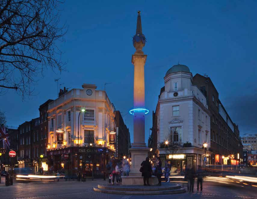 Image of London with lighted blue circle showing where sea could rise on buildings.