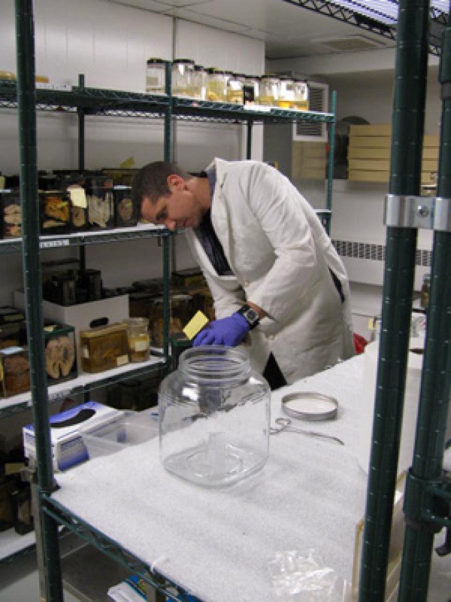 A man stands surrounded by wire shelving units wearing a white lab coat and nitrile gloves. 