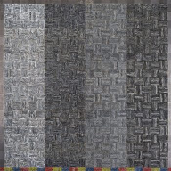A greyscale grid painting with one stripe of color at the bottom