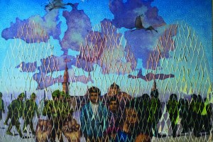 Detail from Melissa Chimera’s Borderlands, oil, acrylic, photo transfer on silk, kozo paper on linen, from “8x8: Place” in 2021.Photograph by Elyse Butler, 2020