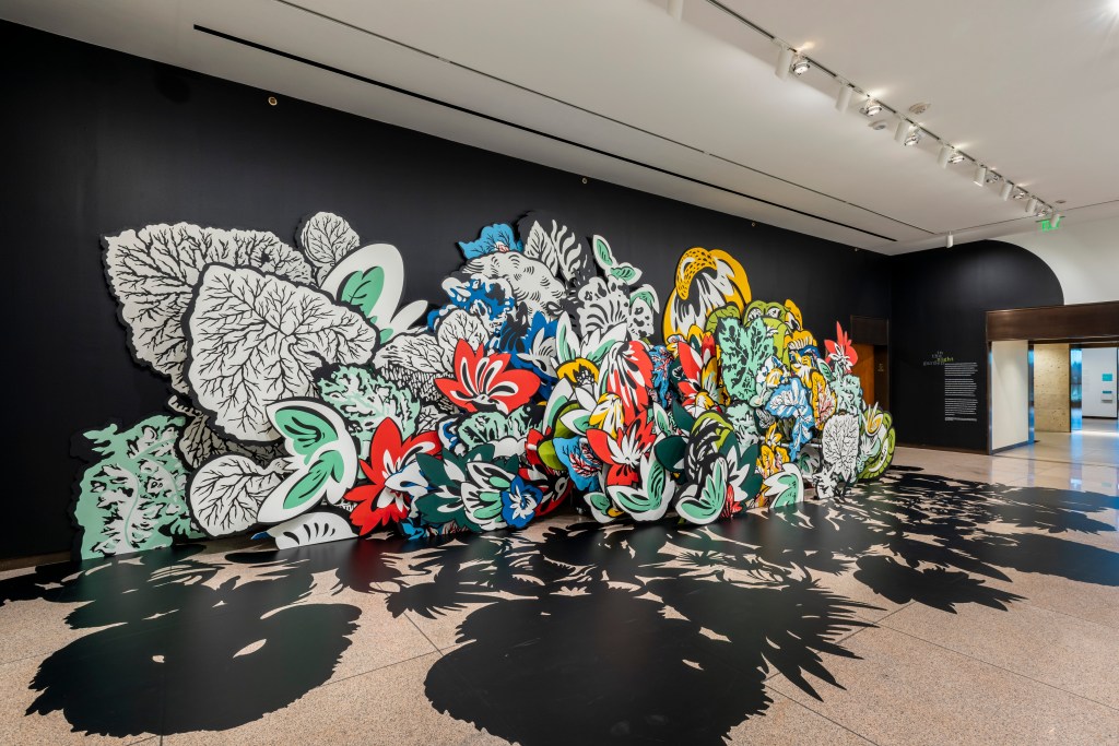 Natasha Bowdoin (b. 1981), In the Night Garden, paint on board with cut paper and vinyl, 2020, courtesy of the Amon Carter Museum of American Art, Fort Worth, Texas.