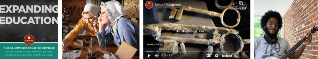 A grid of images titled "Expanding Education" showing costumed interpreters, a YouTube video, and an education playing a song on the banjo