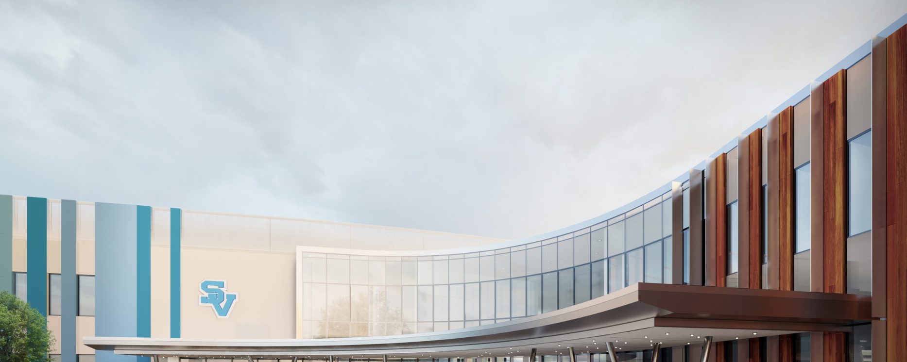 Rendering of the entrance of a school, with glass and wood paneling and a low curving pavilion around the door