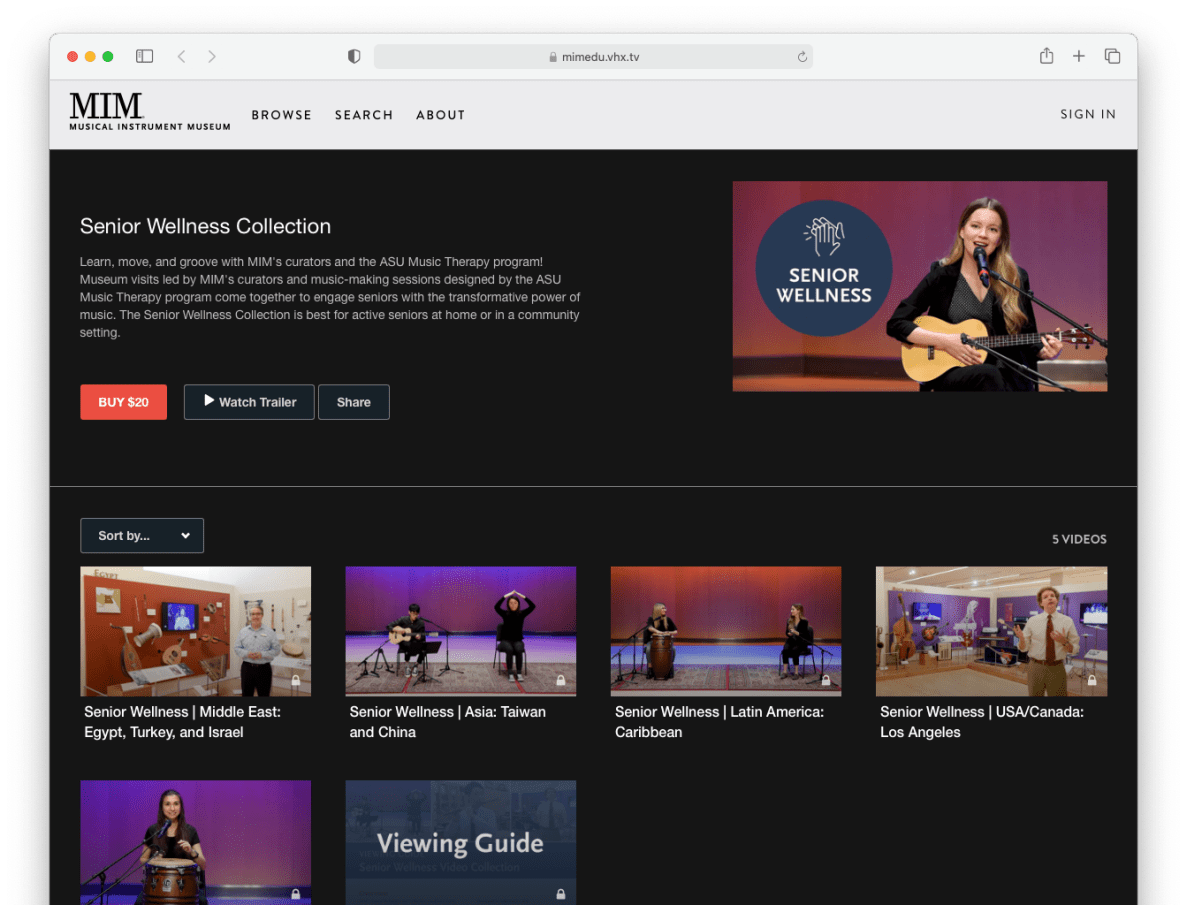 A screenshot of a streaming video collection labeled "Senior Wellness Collection" available for purchase for twenty dollars.