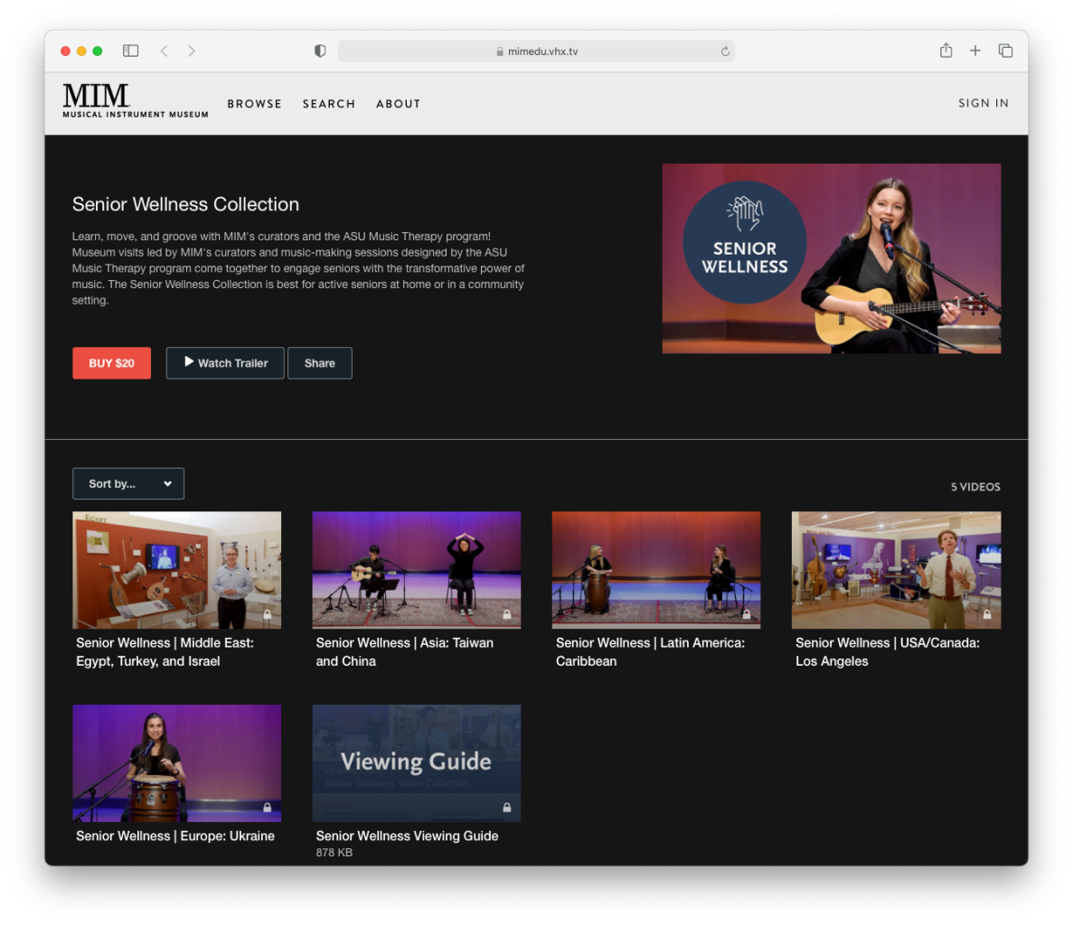 A screenshot of a streaming video collection labeled "Senior Wellness Collection" available for purchase for twenty dollars.