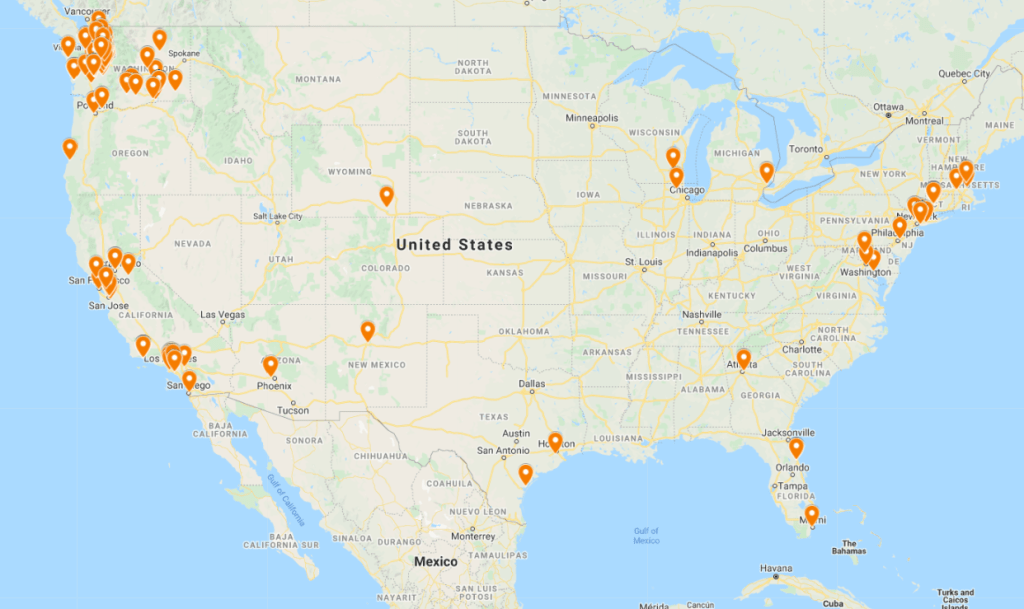 A map of the United States showing pins in multiple states, including on the opposite coast from the museum.