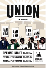 Graphic of the Union play with a line of black workers with signs saying I am A Man - and one that says I Am a Woman with the W and the O handwritten in.