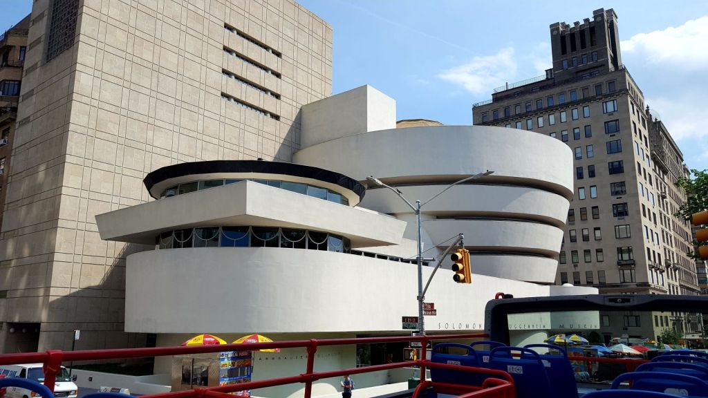 Exterior shot of the spiral-shaped facade of the Guggenheim museum in New York.