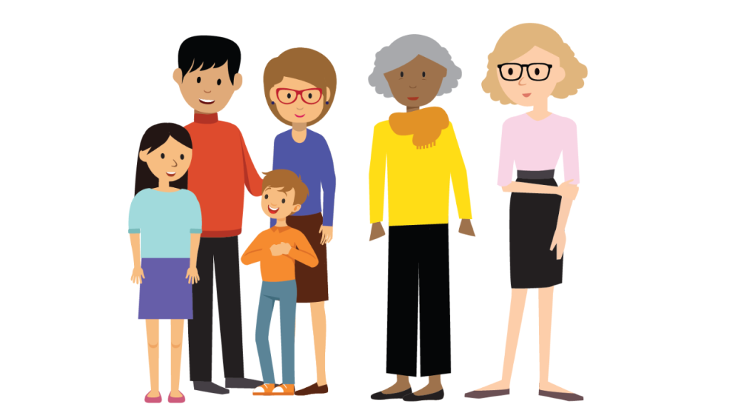An illustration of people of diverse ages and skin tones standing in a group