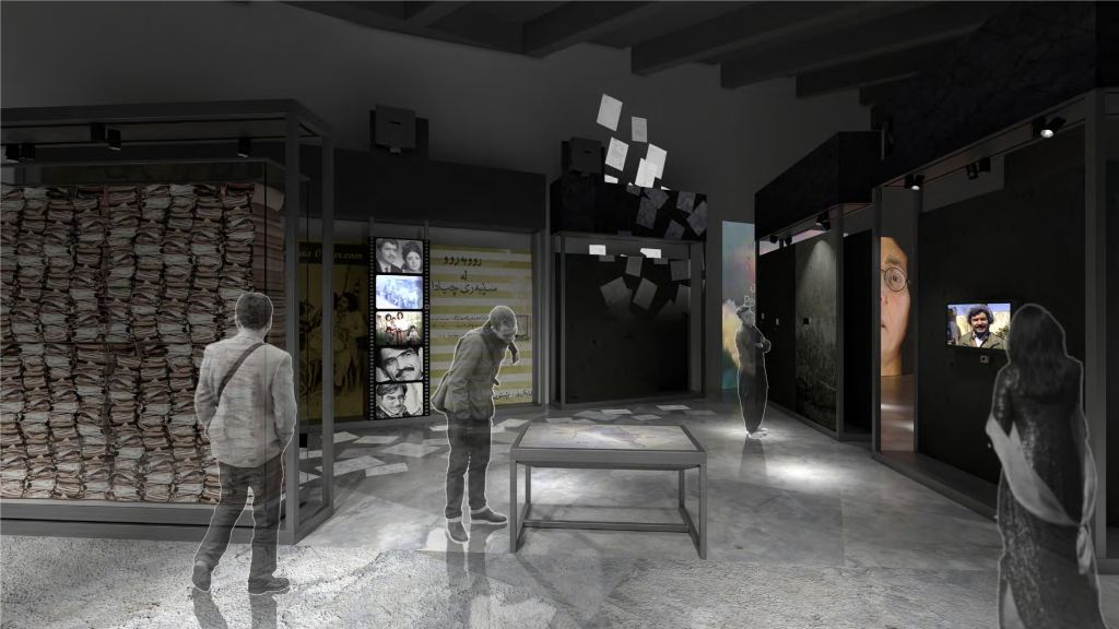A rendering shows hypothetical visitors interacting with videos projected on walls and on screens.