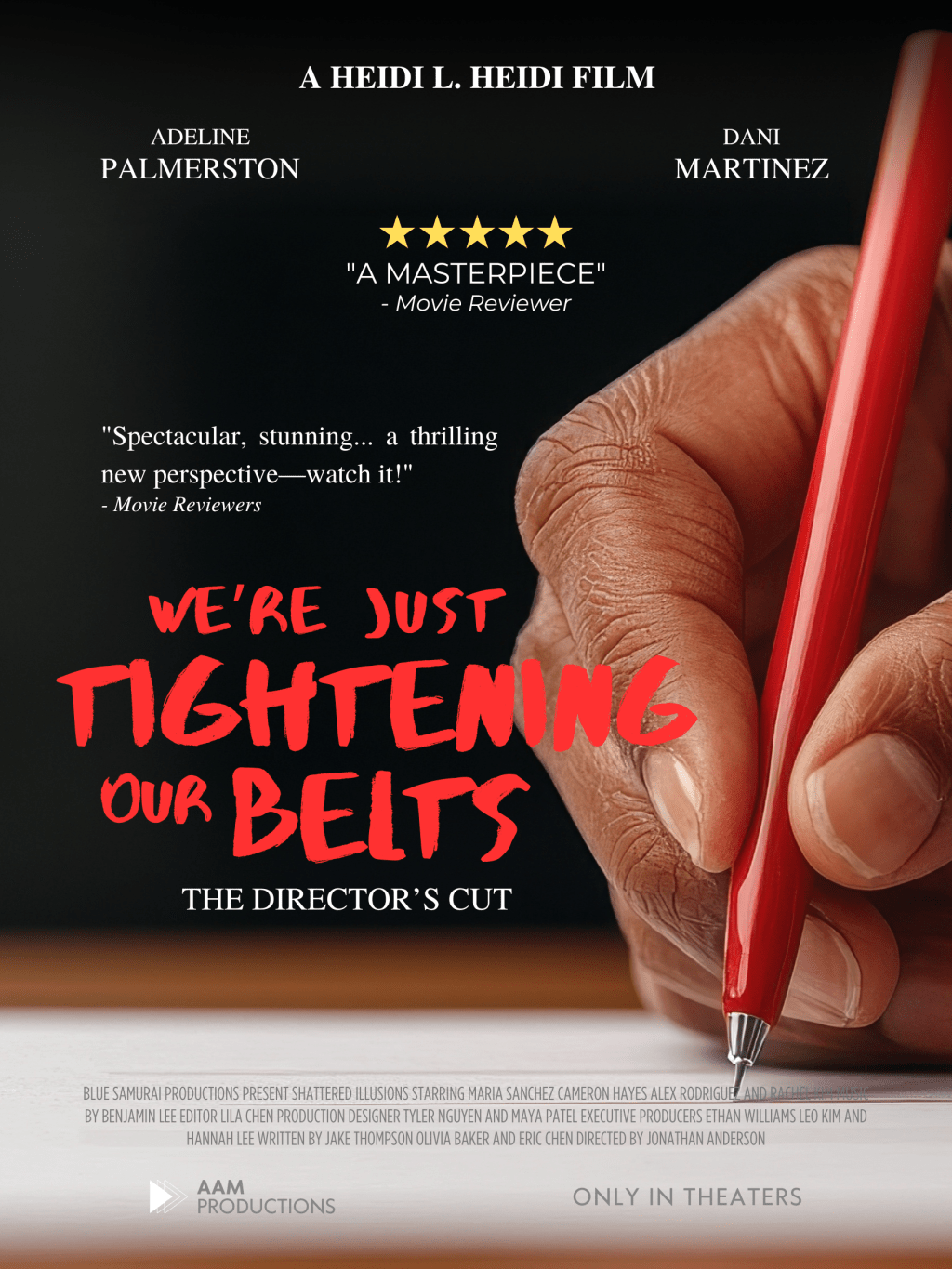 A movie poster featuring a close-up image of a hand holding a red pen with the title "We're Just Tightening Our Belts: The Director's Cut"